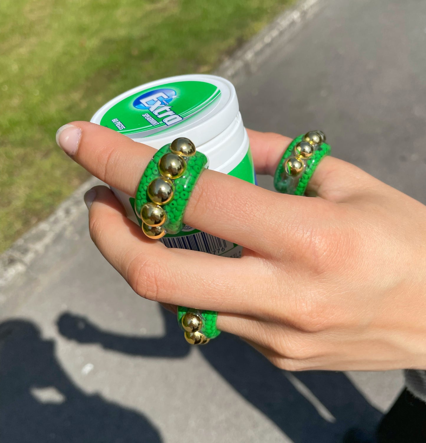 Green dotted gold bead ring