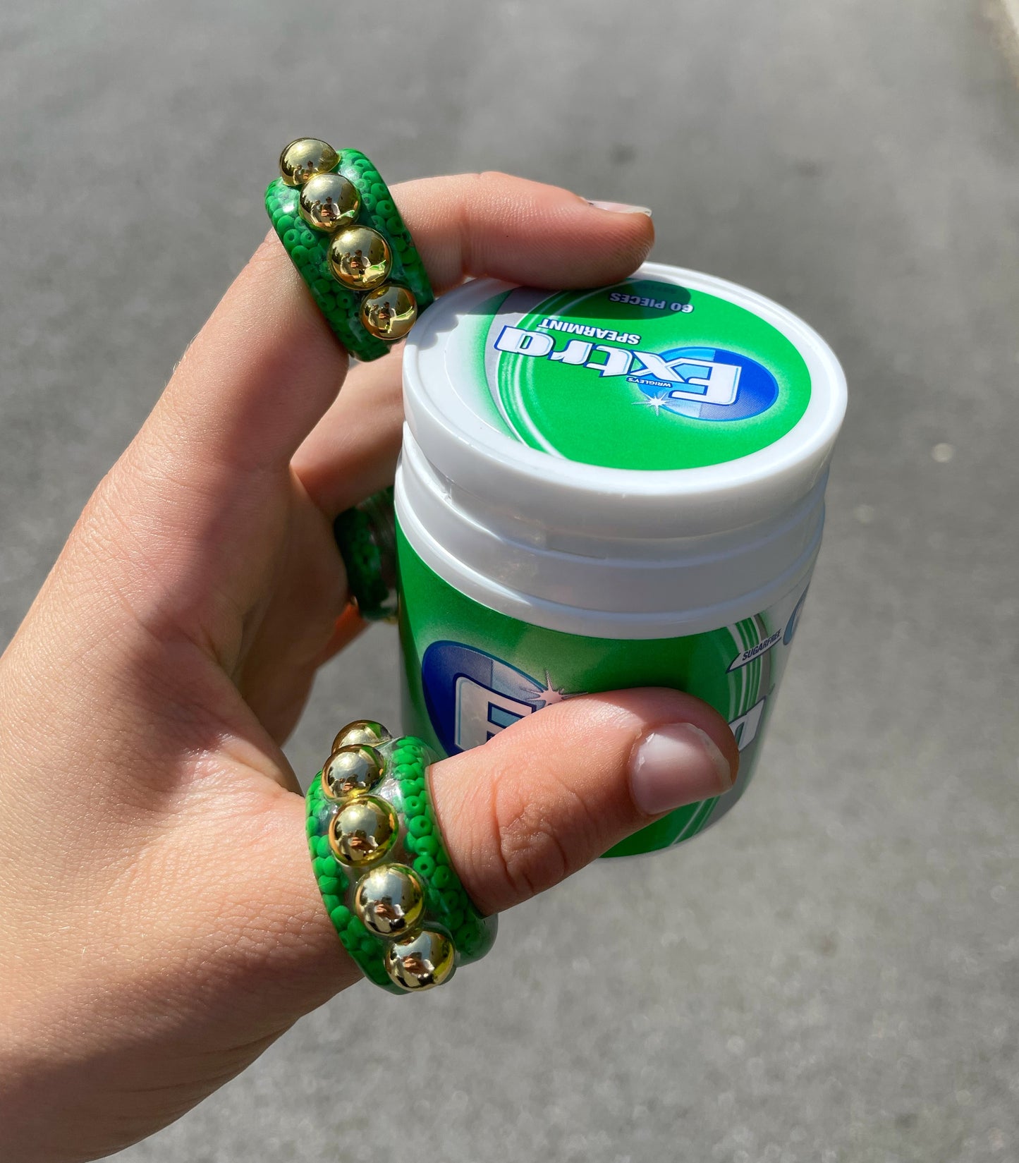 Green dotted gold bead ring